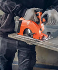 Built Tough Cordless Circular Saw For Spark Free Cold Cuts On Sheet Metal And Steel Pipe Works Like A Charm With Standard 18V Packs Comes Loaded With Two Heavy Duty Batteries And Quick Charger in use on metal sheet.