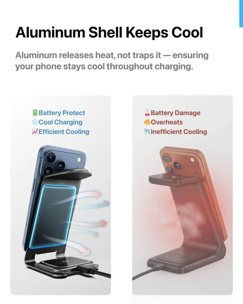 Aluminum shell of All In One Wireless Charging Station For iPhone Apple Watch And AirPods With Fast Stable Qi Charging 3 In 1 Dock cooling iPhone