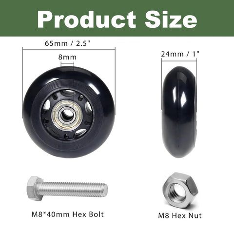 Heavy Duty 2.5 Inch PU Caster Wheels For Exercise Bike And Treadmill Transport showing wheel dimensions and hardware details.