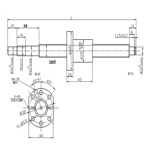 Technical diagram of Anti Backlash Ball Screw SFU1605 RM1605 with end machining dimensions, 16mm diameter, 5mm lead, 1000mm length