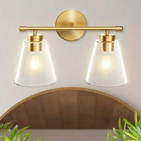 2 Light Gold Brass Vanity Wall Lights Over Mirror With Clear Glass Shades For Bathroom Kitchen And Living Room Durable Anti Rust Finish Damp Location Rated Modern Sconce Lighting