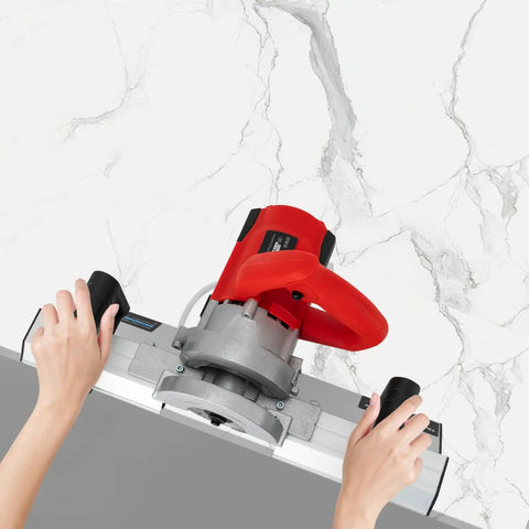 Heavy Duty 43 Degree Electric Tile Chamfering Tool 1200W Pro Grade Bevel Cutter with stable base held by hands above ceramic tile.