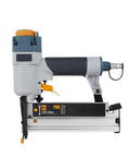 Professional Grade Heavy Duty Pneumatic Air Nailer And Multipurpose Stapler For Furniture Hustle And Woodworking Framing With 16 18 Gauge Knockout Quiet Aluminum Setup side view of stapler with gray and blue design.