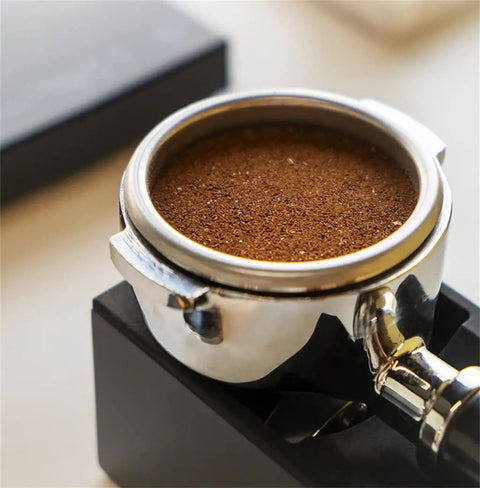 Solid Kickass Coffee Tamping Station With Integrated Espresso Scale Base And Grippy Silicone Portafilter Rest For Quicker Ground Coffee Weighing with tamped coffee.