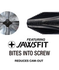 Close-up of Tang-Thru Screwdriver Set 8-Piece With EVA Foam Case tip, featuring Jawsfit design to bite into screws and reduce cam-out.