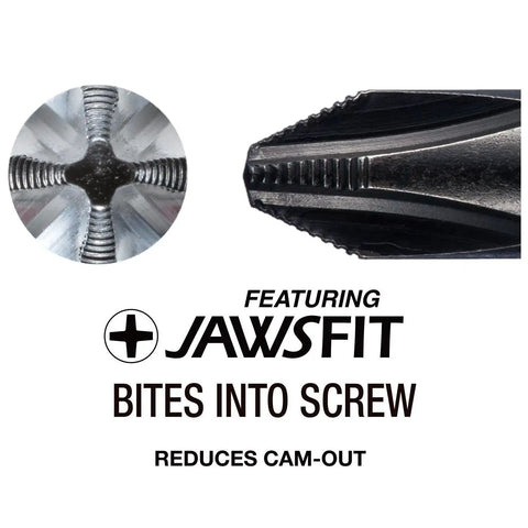 Close-up of Tang-Thru Screwdriver Set 8-Piece With EVA Foam Case tip, featuring Jawsfit design to bite into screws and reduce cam-out.