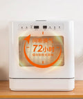Skip the Sink Fully Automatic Desktop Dishwasher For Home Kitchen Large Capacity Auto Wash System With Triple Filter And Front Loading Design Easy Setup Plumbing Free Hands Off Cleanup Routine visible on wooden surface with control panel.