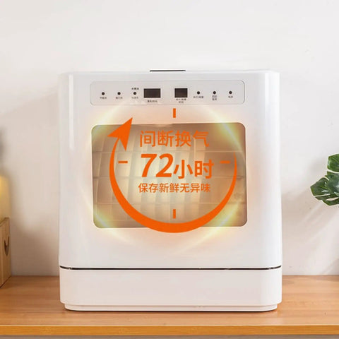 Skip the Sink Fully Automatic Desktop Dishwasher For Home Kitchen Large Capacity Auto Wash System With Triple Filter And Front Loading Design Easy Setup Plumbing Free Hands Off Cleanup Routine visible on wooden surface with control panel.