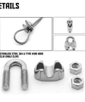 Close-up of Heavy Duty Sun Shade Sail Hardware Kit With 111 Feet Galvanized Wire Rope And Eight Clamps showing U-type clamps.