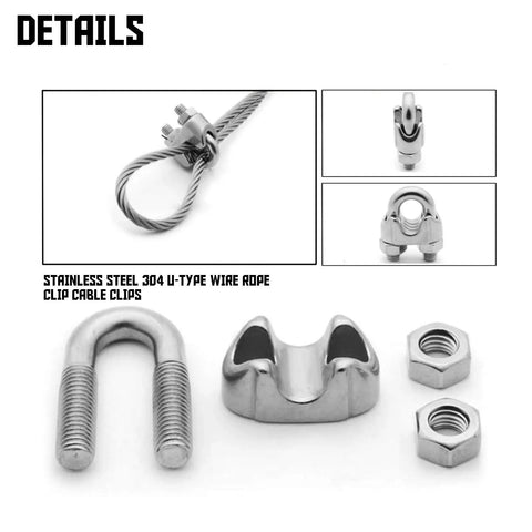 Close-up of Heavy Duty Sun Shade Sail Hardware Kit With 111 Feet Galvanized Wire Rope And Eight Clamps showing U-type clamps.