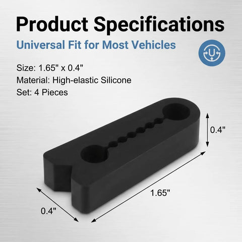 4 Piece Universal Car Door Shock Absorbers And Latch Damper Buffers Made From Premium PVC with dimensions and specifications shown.