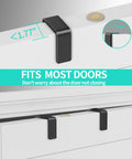 Rock Solid Over The Door Organizer With Four Roomy Metal Baskets And Adjustable Coat Hook For Bathroom Kitchen Pantry Closet Storage Rack hanging on a door.