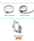 Front view of ZIPCCI stainless steel hose clamp, 16–25 mm, worm gear, 100-pack (Amazon)