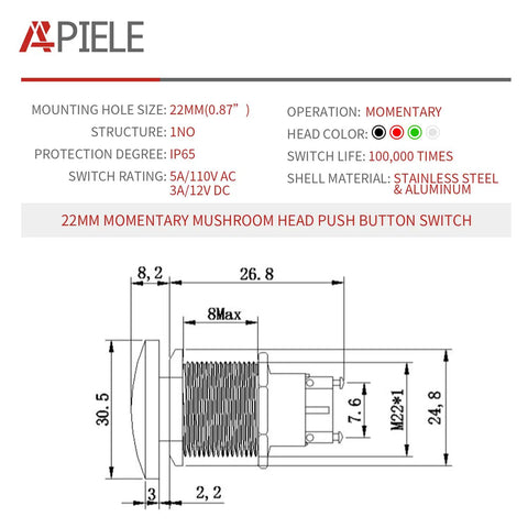 Green 22mm Mushroom Head Push Button Switch Momentary IP65 Waterproof With Screw Terminal 250V 5A SPST 1NO aluminum panel