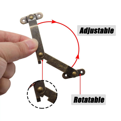 4 Pack Small Antique Brass Lid Folding Support Hinges For Wooden Boxes, Jewelry Cases and Chests, shown adjustable and rotatable.
