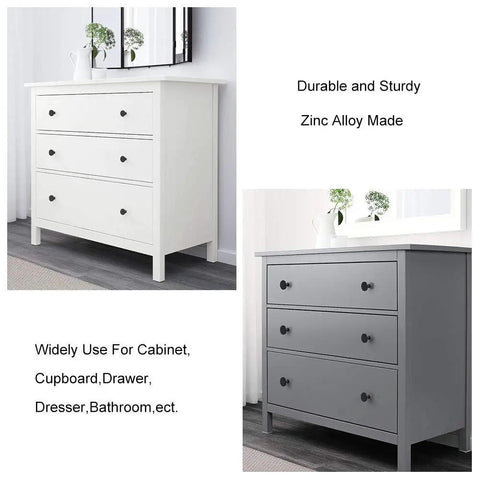 White and gray dressers with matte black knobs, highlighting Ten Pack Matte Black Round Cabinet Knobs For Cabinets, Drawers.