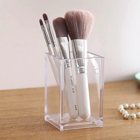 Clear Acrylic Pen And Pencil Holder Cup For Your Desk, Makeup Brush Organizer And Jewelry Holder, 2.6x2.6x4 inch with makeup brushes
