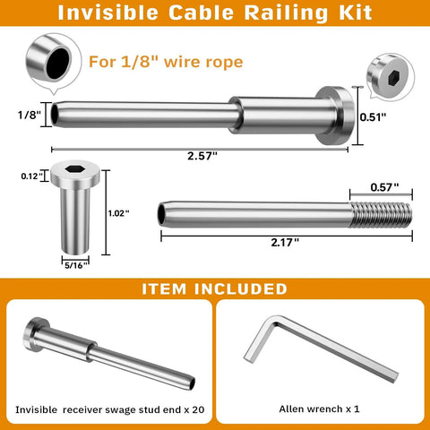 Hidden Cable Railing Kit for 2x2 Posts Twenty Pack One Eighth Inch T316 Stainless Steel Swage Stud End Invisible Receiver System