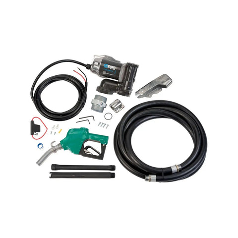 Workhorse 25 Gpm Fuel Transfer Pump With Auto Shutoff Nozzle Plug And Play 12 Volt Diesel Gas Line Kit components with hoses and nozzle setup