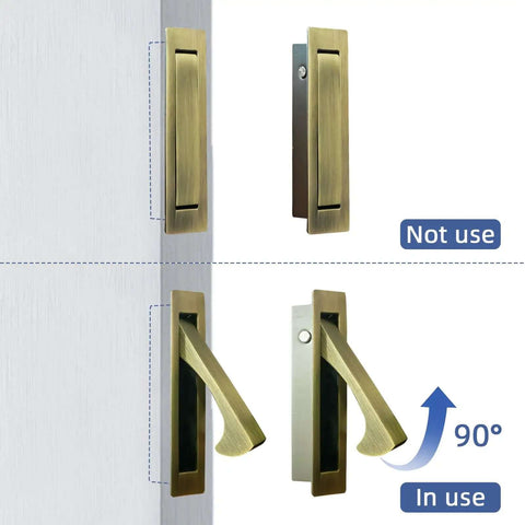 Antique brass pocket door edge pull in use and not in use, part of a Pocket Door Hardware Set With Edge Pulls And Recessed Flush Pulls In Antique Brass.