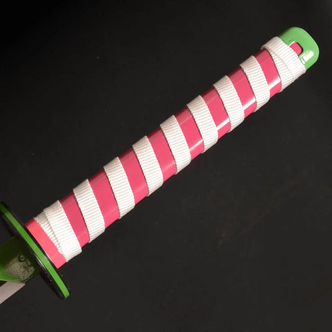 Close-up of Iguro Obanai Demon Slayer Katana handle, wrapped in pink and white wax rope for safe grip, part of real metal sword prop.
