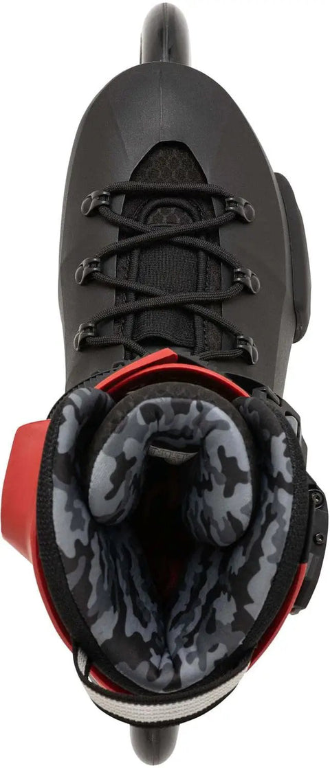 Top view of Twister 110 Fitness Inline Skates For Unisex Adults With Urban Performance, All Day Comfort, black and red design.