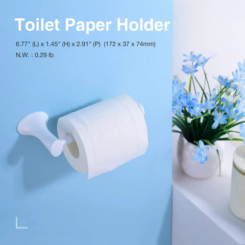 Wall-mounted toilet paper holder from Heavy Duty 4 Piece Bathroom Hardware Set on blue wall with white and blue decor.