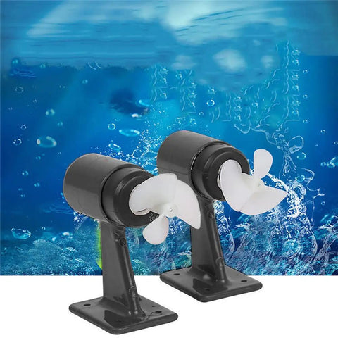 12V Underwater Jet Boat Propeller With Three Blade Thruster for DIY RC ROV, shown with twin set against aquatic backdrop
