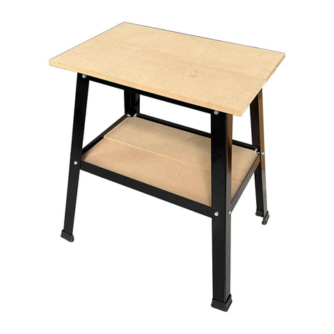 Universal Heavy Duty Power Tool Stand with 32-inch height, 18x27 inch shelf, and 600 lb load rating, black metal frame with wooden shelves.