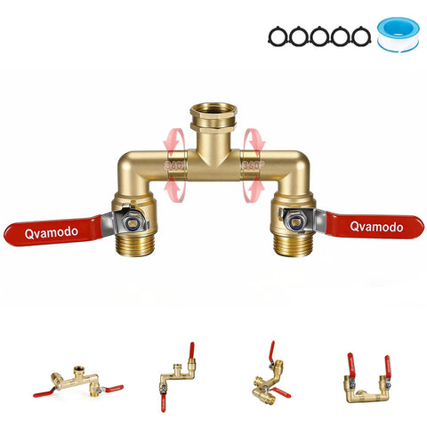 360 Degree Rotating Garden Hose Splitter With Independent Valves, 3/4 Inch GHT Brass High Flow Splitter, Heavy Duty Faucet Attachment For Outdoor Yard, Swivel Heads For Easy Hose Management, brass splitter front view