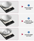 Digital Kitchen Scale For Cooking And Baking With 11lb Capacity Tare Function And LCD Display Stainless Steel Platform Six Unit Conversions G Kg Lb Oz Ml Milk Ml Super Handy For Meal Prep And Portion Control Batteries Included shown with tare functionality and bowl weighing steps
