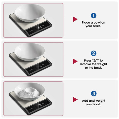 Digital Kitchen Scale For Cooking And Baking With 11lb Capacity Tare Function And LCD Display Stainless Steel Platform Six Unit Conversions G Kg Lb Oz Ml Milk Ml Super Handy For Meal Prep And Portion Control Batteries Included shown with tare functionality and bowl weighing steps