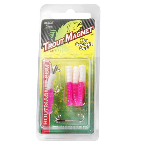 Trout Magnet fishing lures in pink and white in retail packaging with hooks, labeled for freshwater fishing, 1/64 oz size.