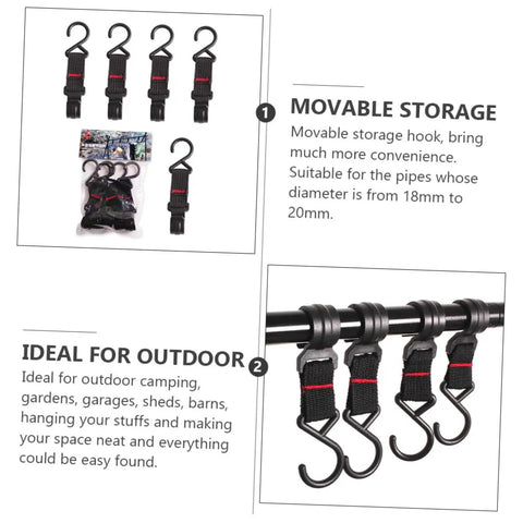 Image of Outdoor Camping Hooks 5 Pack Small S Shaped Utility Hangers With Straps showcasing hooks hanging on a rod for tent storage.