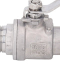 Top Shelf 3/4 Inch 304 Stainless Steel Ball Valve Built Tough For Heavy Duty Plumbing With Slick Manual Lever And Rock Solid 1000 Psi Reliable Design close-up view with threaded ends and lever.