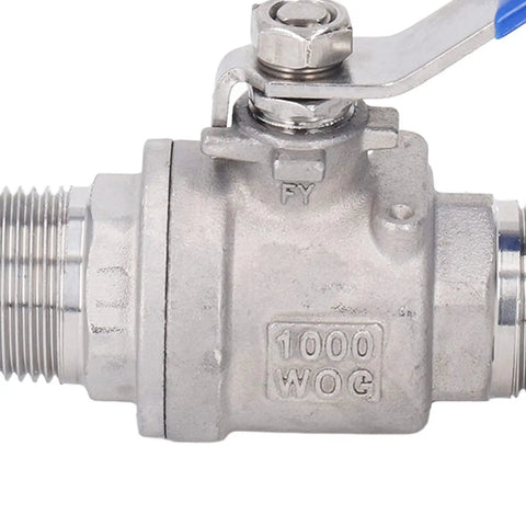 Top Shelf 3/4 Inch 304 Stainless Steel Ball Valve Built Tough For Heavy Duty Plumbing With Slick Manual Lever And Rock Solid 1000 Psi Reliable Design close-up view with threaded ends and lever.
