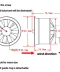 Diagram showing dimensions of 50mm EDF Brushless Motor With 4900KV On 3S LiPo For RC Jet Aircraft, includes wind direction and detachable guide ring