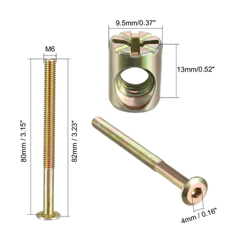 Heavy Duty M6 Hex Socket Furniture Bolt And Barrel Nut Set 80mm Zinc Plated, includes measurements for crib bed chair installations