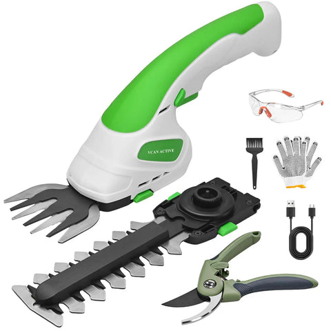 7.2V Cordless Hedge Trimmer And 2 In 1 Handheld Electric Shrub Trimmer With accessories, green and white, rechargeable battery