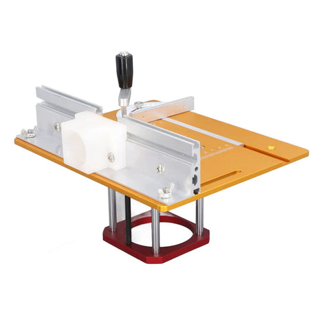 Rock Solid Router Lift System With Smooth Crank Dial Hella Sturdy Aluminum Base Precision Insert Plate showing miter fence and alignment ruler.