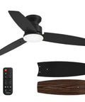 42 Inch Flush Mount Ceiling Fan With Slick Black And Warm Wood Blades Super Quiet Dc Motor Six Speed Reversible Airflow Killer Dimmable LED Light Remote showing black blades and command remote