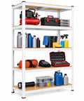 Badass Heavy Duty Garage Shelves 5 Tier Adjustable Storage Rack Heavy Hitting Steel Utility Shelf With Thick MDF Boards with tools and gear organized.