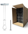 100 Pack Heavy Duty Quick Toggle Anchors With Bolts Set For Drywall Metal Studs And Concrete Block Holds 260 Plus Lbs Per Set Includes 100 Toggles And 100 Bolts Ideal For Hanging Shelves Cabinets And Heavy Items next to open cardboard box with black packages inside.