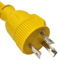 Heavy Duty 50 Foot Flat Generator Extension Cord Adapter With L5 30P Twist Lock Plug To Three 5-15R Receptacles close-up