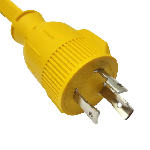 Heavy Duty 50 Foot Flat Generator Extension Cord Adapter With L5 30P Twist Lock Plug To Three 5-15R Receptacles close-up