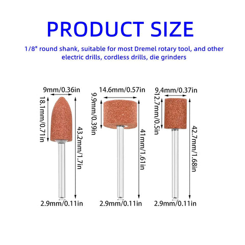 Sixty Piece Aluminum Oxide Mounted Grinding Stones Set With One Eighth Inch Shank for Dremel Rotary Tools size chart