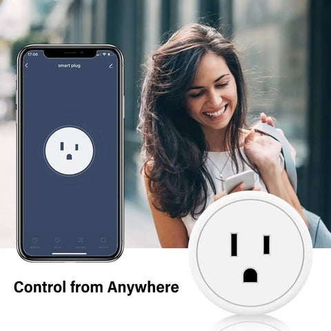 Smart Bluetooth WiFi Plug For Home Automation With Alexa And Google Assistant shown on phone screen, woman using app