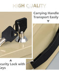 Close-up of fireproof document safe box key lock with handle, showing security features for home or office storage.
