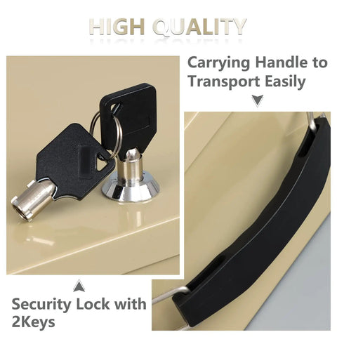 Close-up of fireproof document safe box key lock with handle, showing security features for home or office storage.