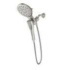 Spot Resist Brushed Nickel Dual Showerhead And Handshower System with 60 inch hose and Magnetix docking on white background.